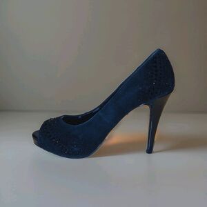 WHBM Black Sequined Stiletto Heels Pumps 4.5" Sz 6M Sexy Chic Peep-Toe Evening